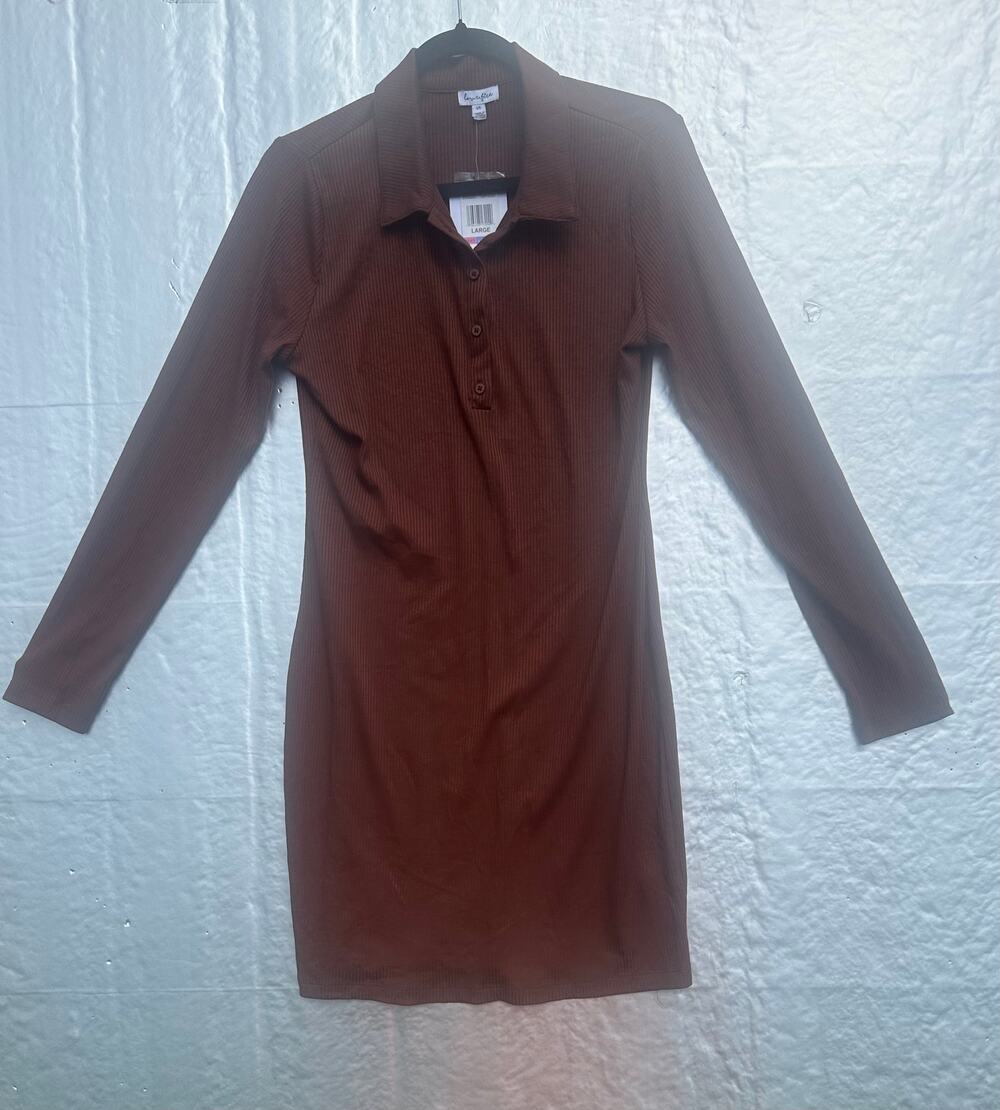 Love Fire Large Cappuccino Ribbed Polo Dress Long Sleeve NWT